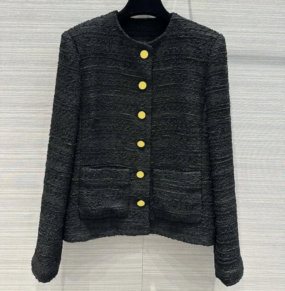 

High quality silk lining women black tweed coats o-neck pockets embroidery beading weave coat