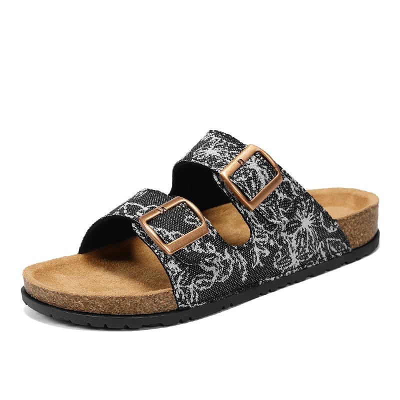 

New Black White Floral Print Cork Sandals Double Buckle Adjustable Slides Comfort Arch Support Casual Slippers for Men Women