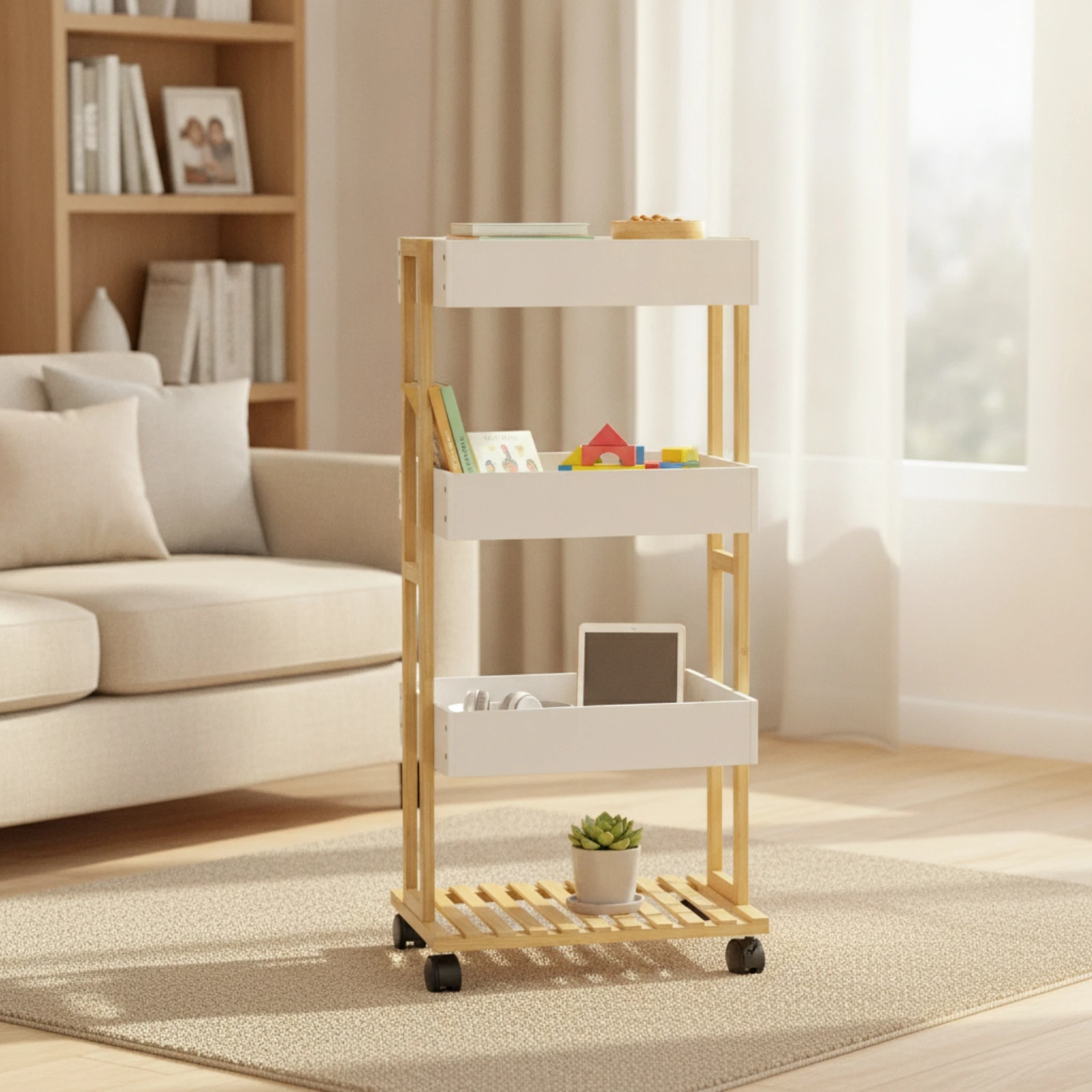Bamboo Storage Trolley Slim Storage Cart with Wheels 4-Tier Rolling Organizer Easy to Move Furniture Space-Saving for Kitchen