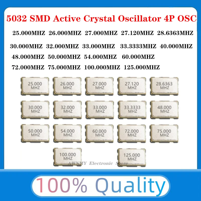 5pcs SMD 5032 Active Crystal Oscillator OSC 4Pin 25MHZ 27MHZ 30MHZ 33MHZ 40MHZ 48MHZ 72MHZ 50MHZ 125MHZ 5032 5*3.2 3.2X5.0MM