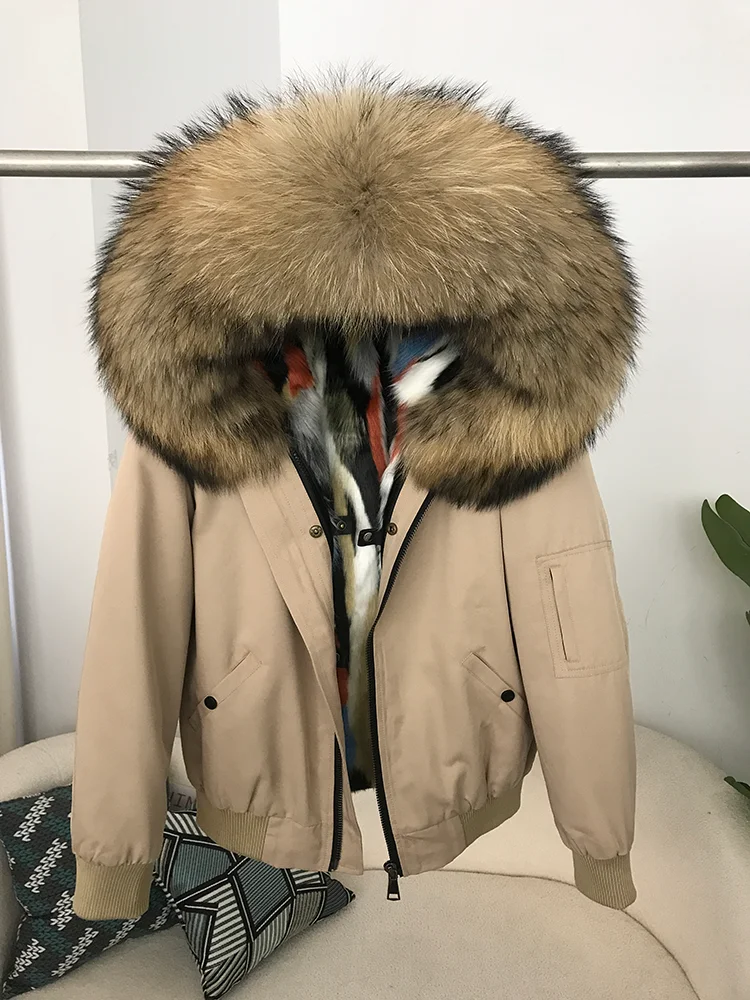 2025 Winter Natural Fur Coat Jacket Women Bomber Parka Real Raccoon Fur Collar Hooded Thick Warm Streetwear Outerwear