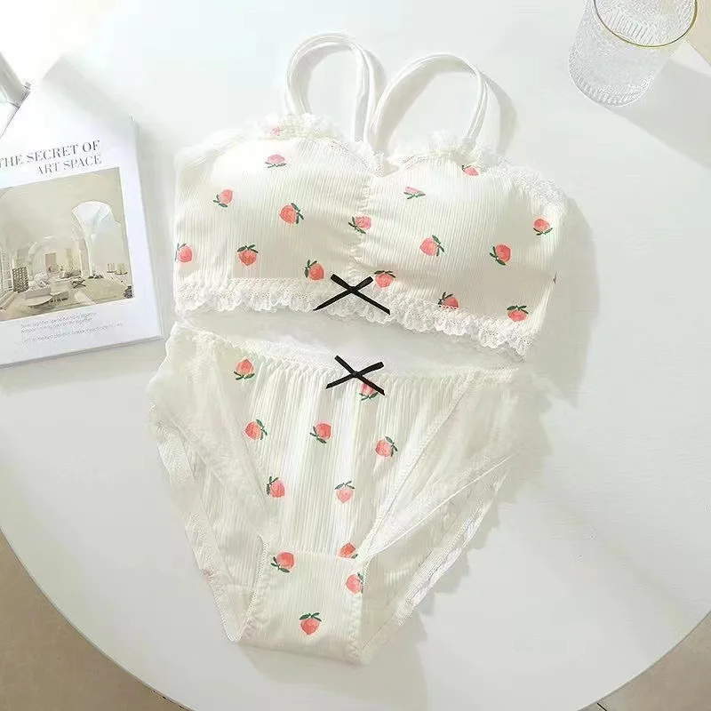 New lingerie students cute girl underwear fruit print back with pads bra set without steel ring bra panty