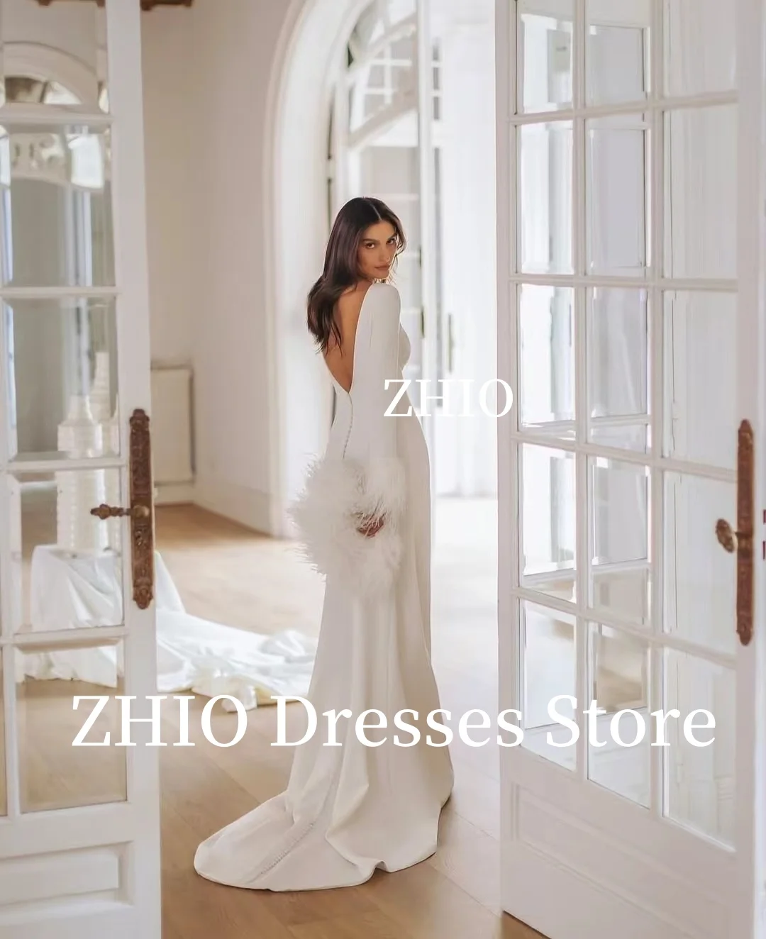 ZHIO Elegant Evening Dress Full Sleeves with Feather Side Slit Mermaid Formal Occasion Dress Prom Party Gown Customized