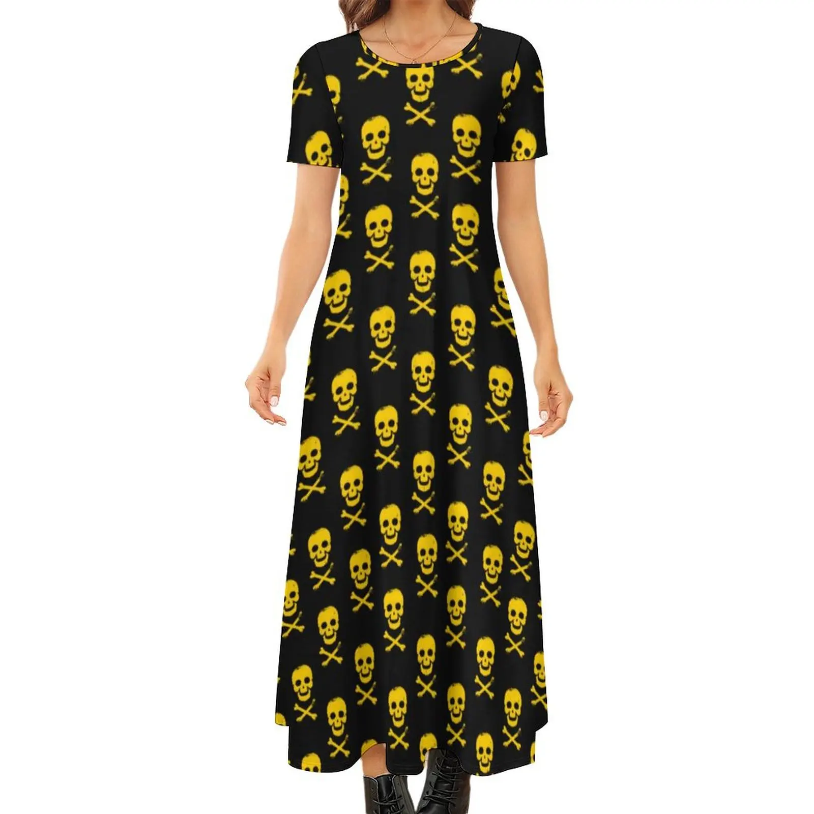 Yellow Skull Dress Crossbones Print Street Style Bohemia Long Dresses Ladies Kawaii Maxi Dress Birthday Gift