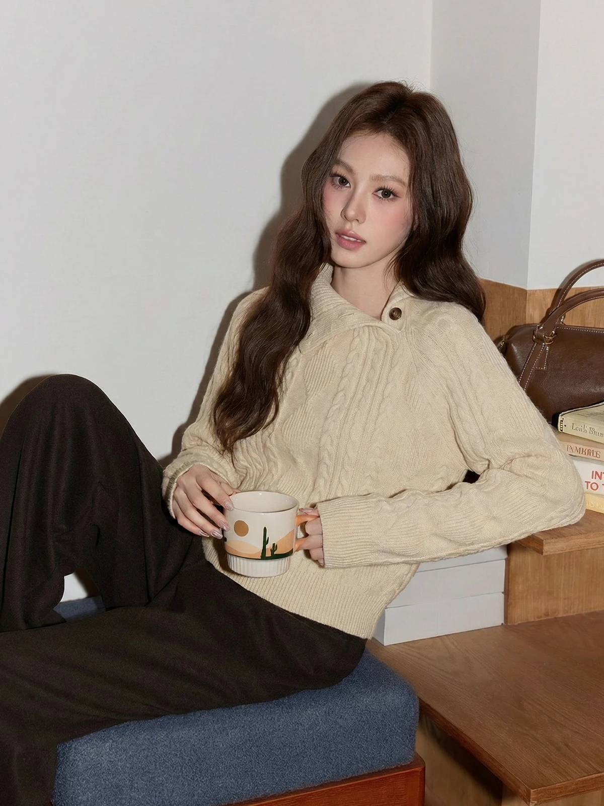 

Soft Cozy Loose Knitted Sweater Women's Winter Faion Korean Sle Button Detail Khaki Color Cable Knit Top Lazy Sle