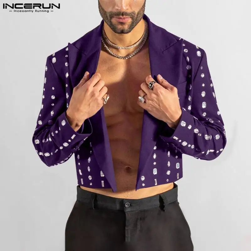 INCERUN Men Cropped Blazer Lapel Collar V Neck Open Front Long Sleeve Diamond Printed Party Wear Office Business Suit