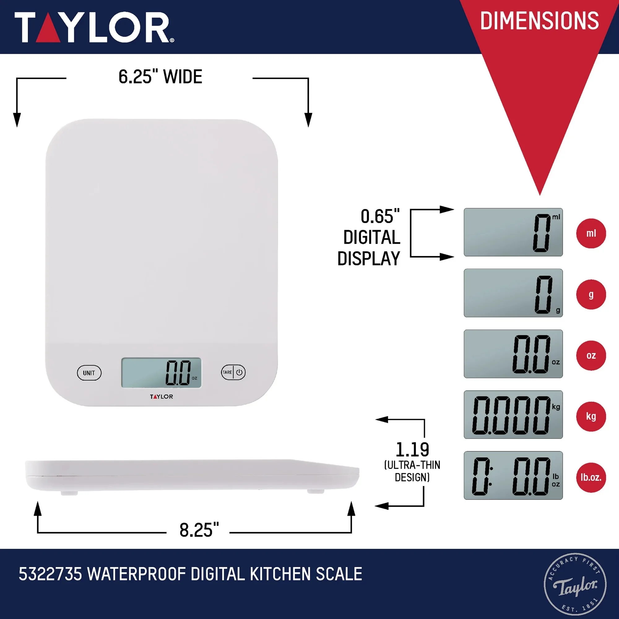 Digitale wasserdichte Küchen- und Lebensmittelwaage mit Gramm und Unzen, weißes Fassungsvermögen von 11 Pfund