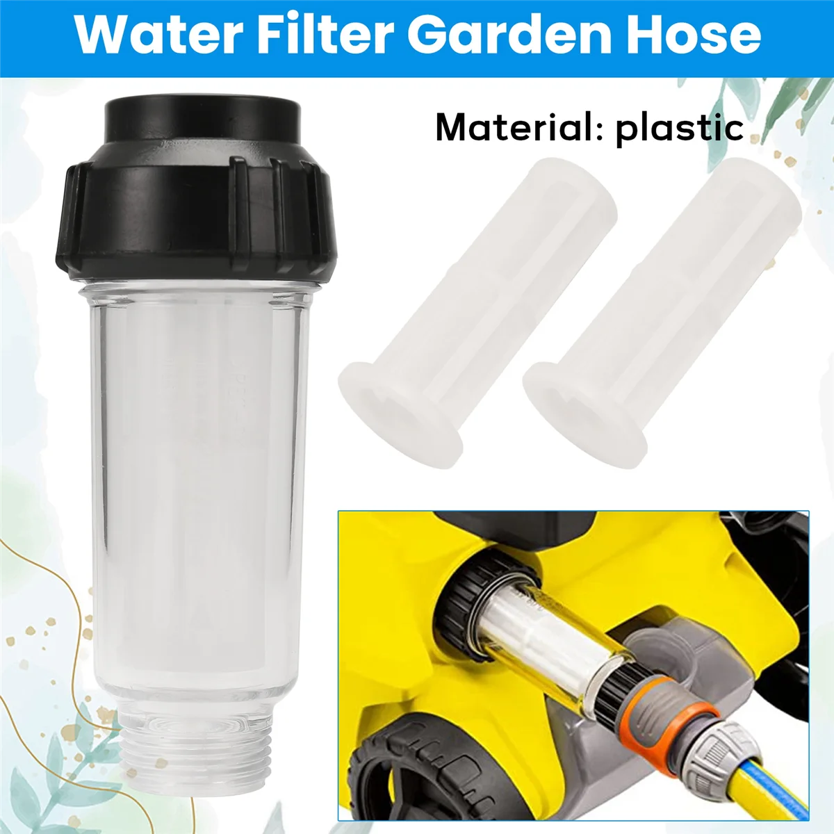 AB53 Water Filter Garden Hose, 3/4 Inch Water Pre-Filter Water Filter Set with 5 Filter Inserts + 2 Quick Adapters