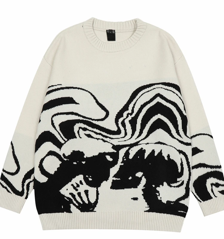 

Slim Fit Hip Hop Street Knitting Bla And White Knitwear round Ne Long Sve Regular Length Summer New Street Sle Sweater