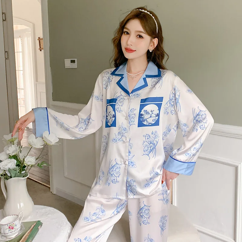 

Spring Pijama Blue Floral Print Pajamas Suit Women Satin Pyjamas Set Sleepwear Female Two Piece Set Loungewear