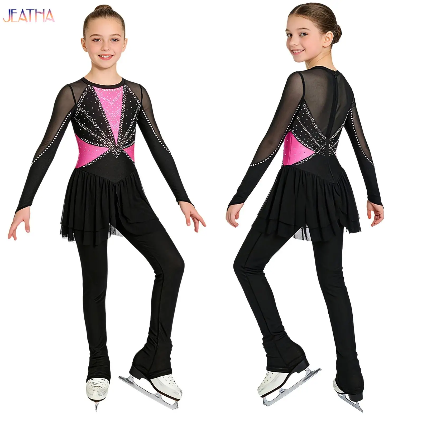 

Kids Girls Ballet Lyrical Dance Performance Unitards Skirted Jumpsuit Costume Shiny Rhinestone Finger Holes Color Block Bodysuit