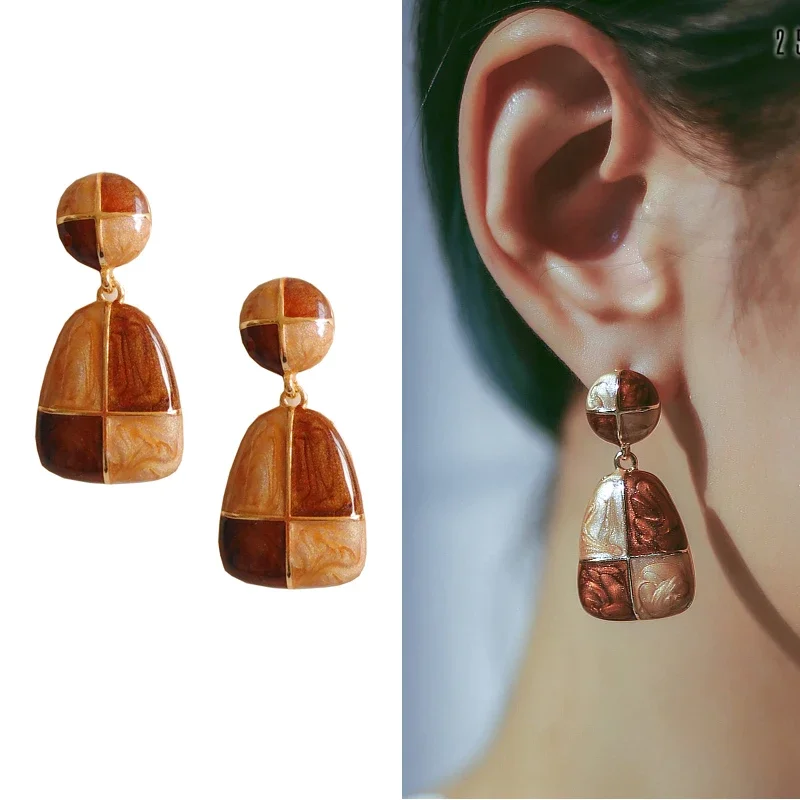Enamel Brown Blue Rhombus Round Square Earrings Quality Oil Drop Geometric Clip on Earrings Women No Pierced Ears