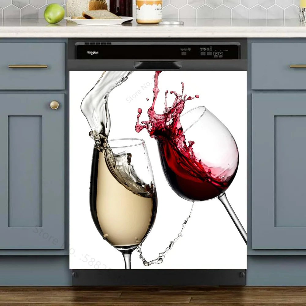 Geometry of Starry Sky Red Wine Glass Dishwasher Full Door Cover Sticker Kitchen Dishwasher Front Cover Panel Dishwasher Sticker