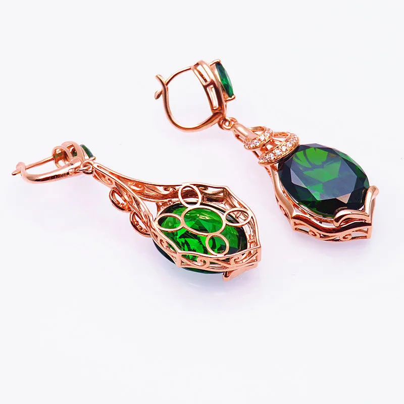 585 purple gold ear buckle plated 14K rose gold fashion luxury inlaid emerald earrings for women exquisite wedding jewelry gift