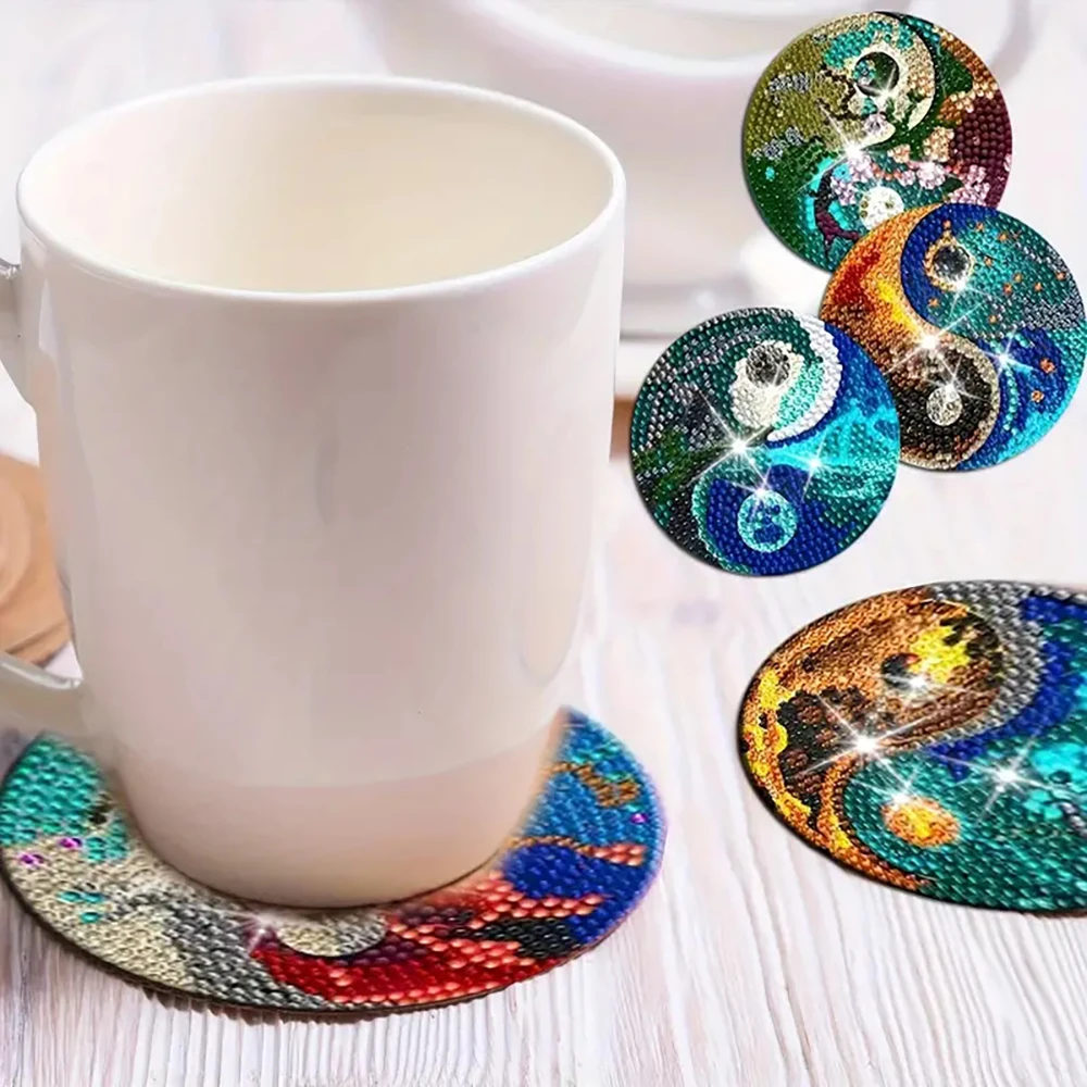 8 pieces/set of Tai Chi Bagua diamond painted coaster set, sparkling water diamond heat-resistant beverage coaster with bracket