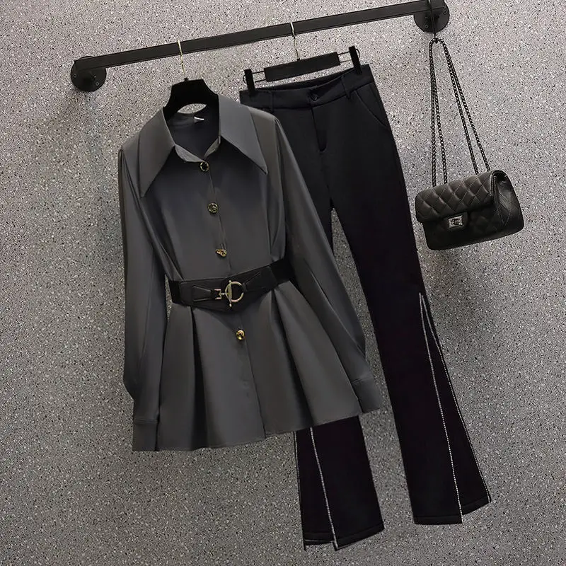 Korean Fashion Elegant Women's Pants Suit Fashion Leather Belt Chiffon Shirt Black Silver Trousers Two-piece Set Office Blazer