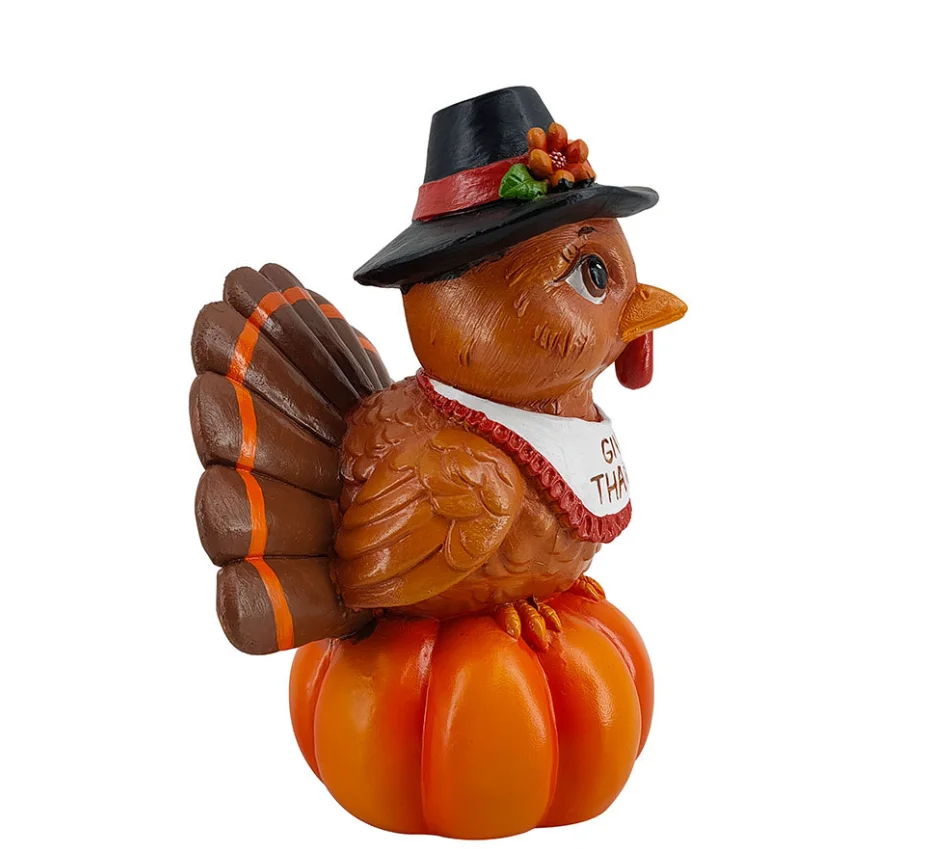 Resin Thanksgiving Turkey Pumpkin Figure Statue Fall Harvest Home Kitchen Tabletop Desktop Holiday Party Decor Ornament