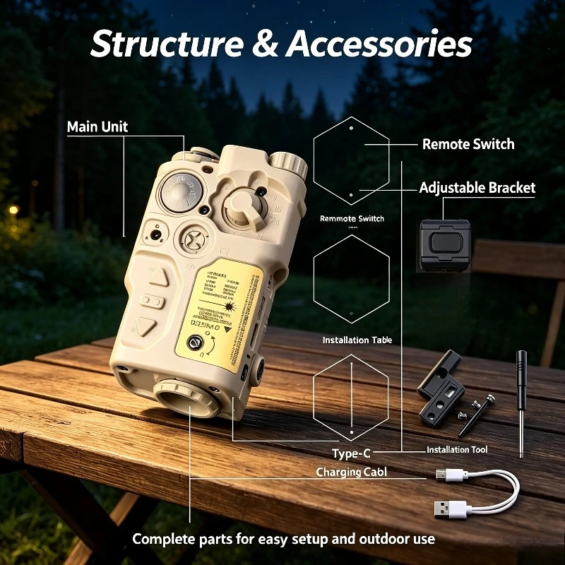 Green Beam LED Light with Remote Switch, Bright Focused Light, Adjustable Bracket, Outdoor Night Camping & Hiking Accessory