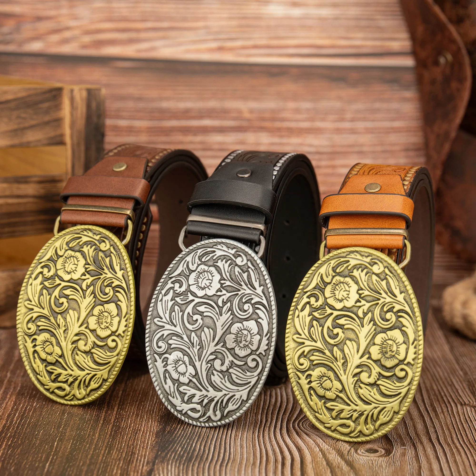 Trendy Elliptical Flower Green Leaf Thread Buckle Waist Belt PU Embossed Hand-Painted Belt Unisex Tail Feathers Patterned Belt