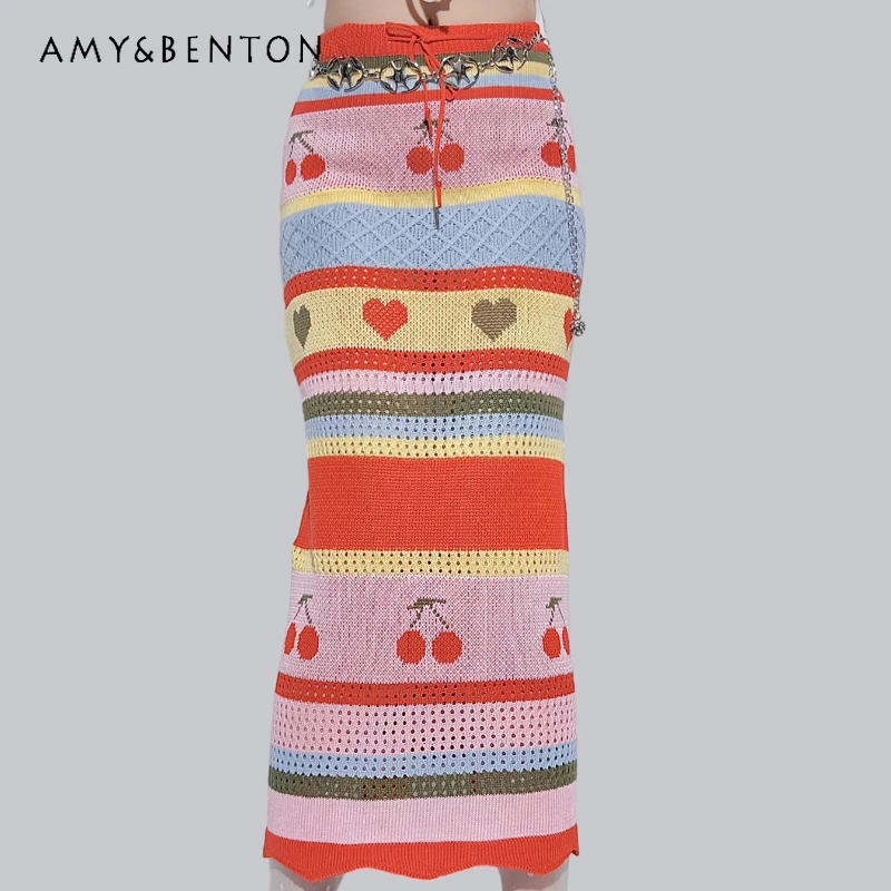 

2025 Autumn New Rainbow Striped Knitted Fruit Print Women's Half Skirt American Retro High Waist Y2k Sexy Mermaid Skirts Ladies