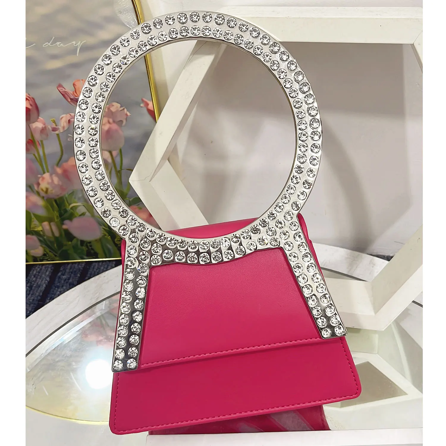 

Luxury Metal Ring Handle Trapezoidal Women's Handbag Glitter Shiny Diamonds Evening Bag Wedding Party Clutch Purse Shoulder Bag