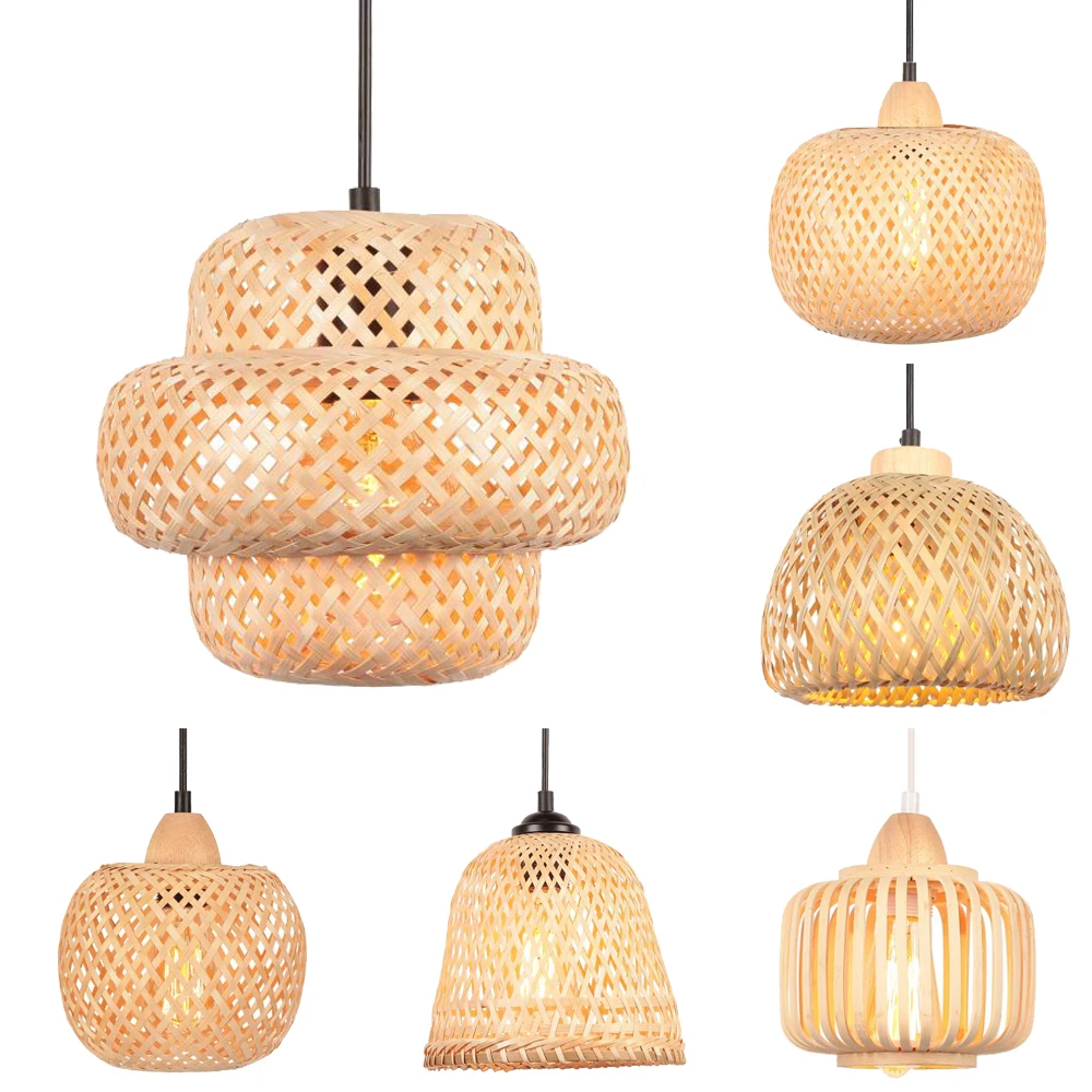 Bamboo Hand Weaving Pendant Light LED E27 Hanging Lamp Fixture Rattan Hand Craft Woven Ceiling Chandelier for Home Bedroom Decor