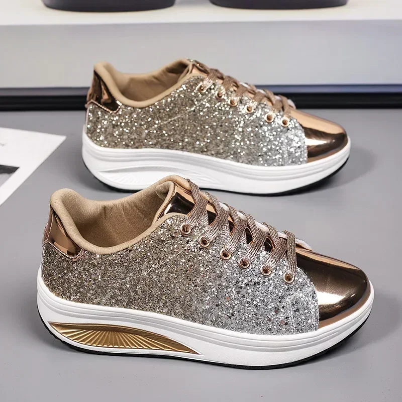 Gold Silver Comfortable Walking  Women Fashion Trendy Sport Shoes Sneakers for Women New Luxury Height Increasing Shoes