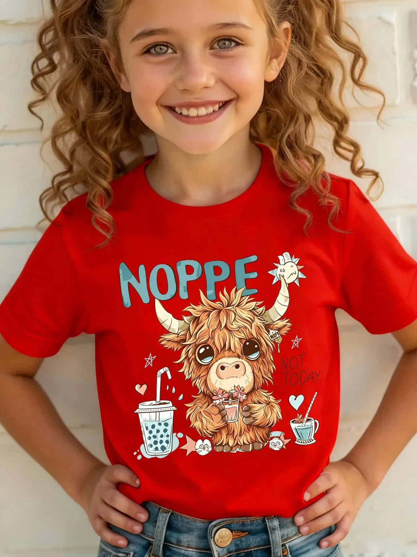 Girls Cute Highland Cow Nope Not Today Graphic T Shirt Kids Bubble Tea Cartoon Animal Short Sleeve Tee Casual Daily Tops