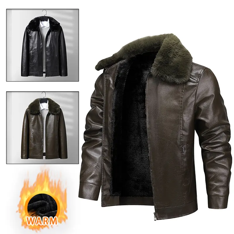 Male PU Leather Jacket Winter Outdoor Windproof Motorcycle Cycling Sports Jacket Detachable Fur Collar Thick Warm Leather Coats