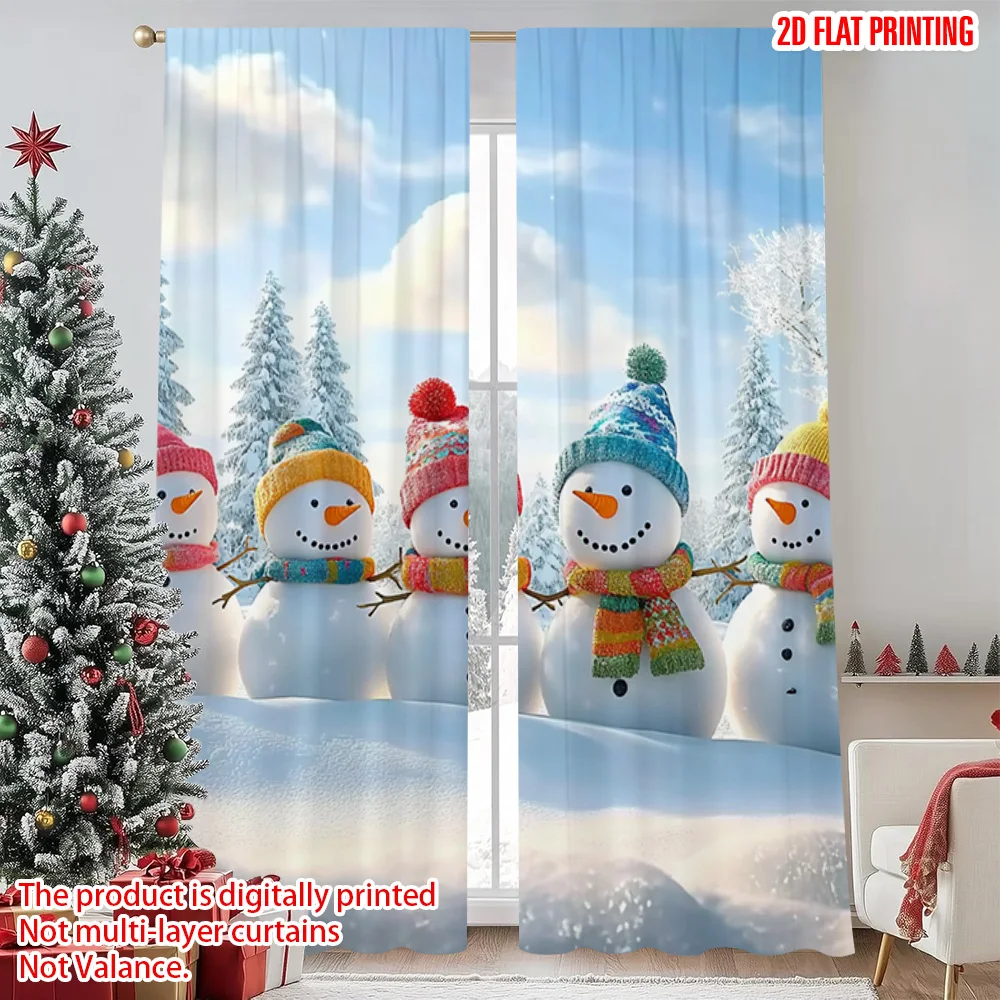 

2pcs 2D flat printing Christmas Window Drapes Snowman Family Versatile Durable Polyester Without Electricity Festive Holiday Use
