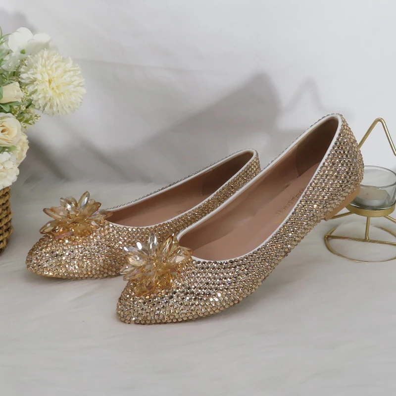 BaoYaFang Beige pearl Crystal womens wedding shoes Flat big size female shoes real leather insole woman shoes Bridal party shoes