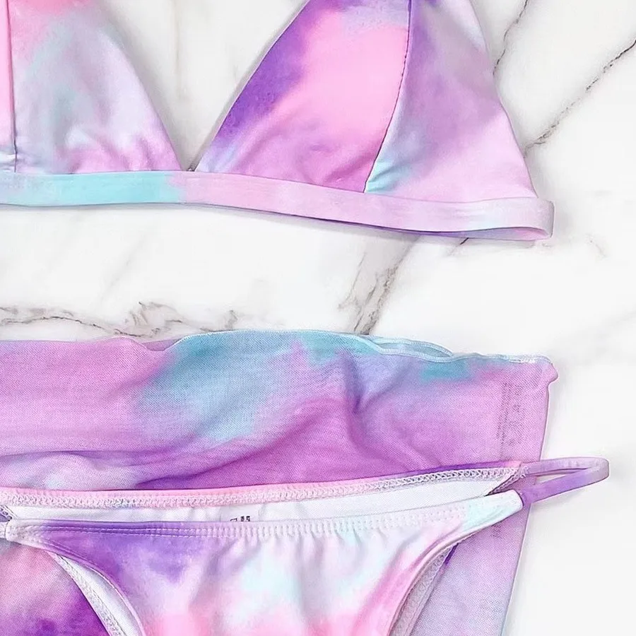 Tops de Bikini bonitos, trajes de baño para mujer, Bikini, falda estilo malla, cintura alta para mujer, tres piezas con estampado Tie-Dye dividido