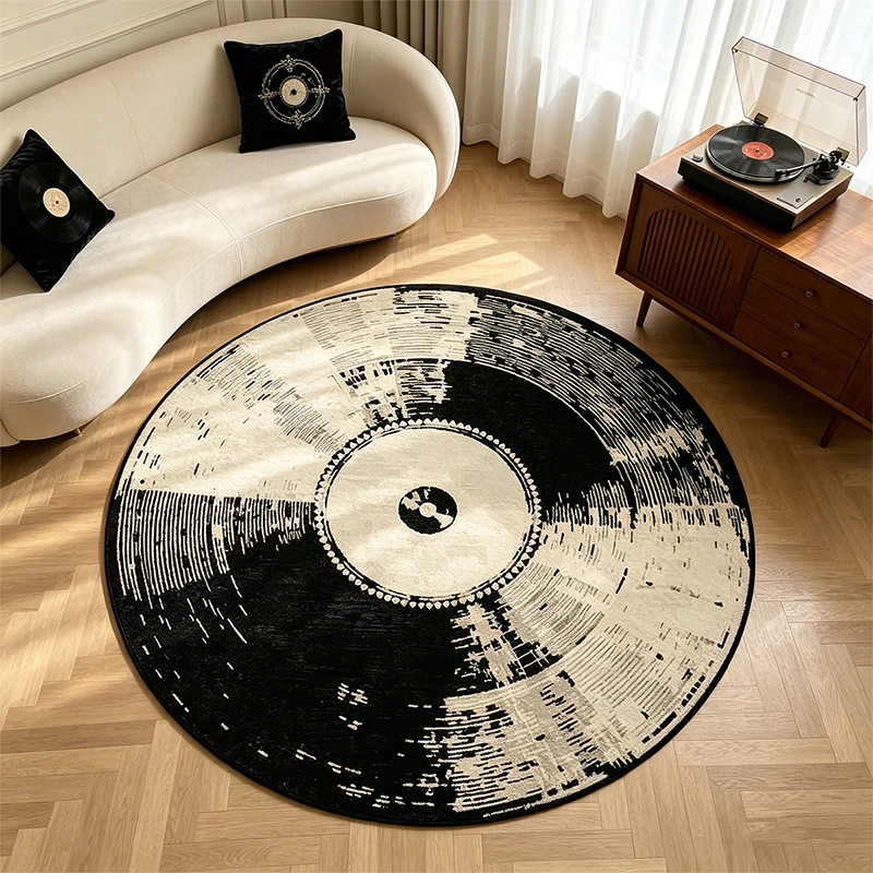 Round Living Room Carpet Non-slip Machine Washable Soft Floor Mat Retro Vintage Distressed Record Rug Large Size Home Decor Mats