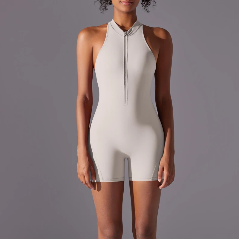 Women's Short One Piece Gym Outfit Sleeveless Zipper Fitness Overalls Hollow Backless Scrunch Butt Yoga Romper Sport Jumpsuits