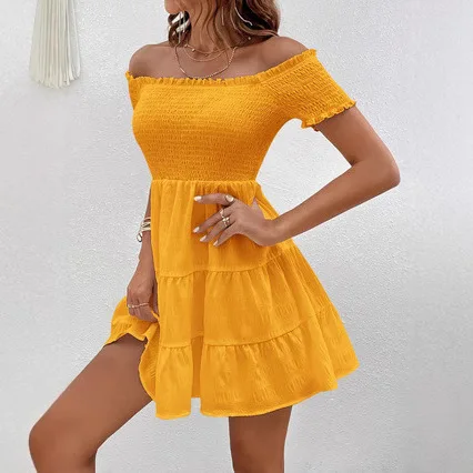 Nuovi arrivi Abbigliamento donna Abiti estivi Nuovo smocking manica corta tinta unita cuciture abito con scollo profondo