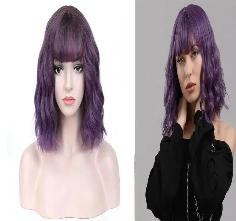 Lolita Shoulder Length Deep Bob Purple Deep Wave Synthetic Hair Wig With Bangs