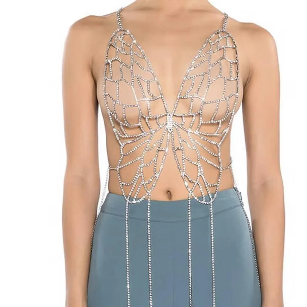 

Huge Butterfly Women Tops Body Chain Jewelry Crystal Rhinestones Jewelry Sexy Bikini Accessories Bra Underwear