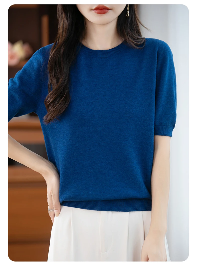 First-Line Ready-To-Wear Sweater Women's 100 Pure Wool Knitted Short-Sleeved T-Shirt Round Neck Thin Sweater Loose Half-Sleeve