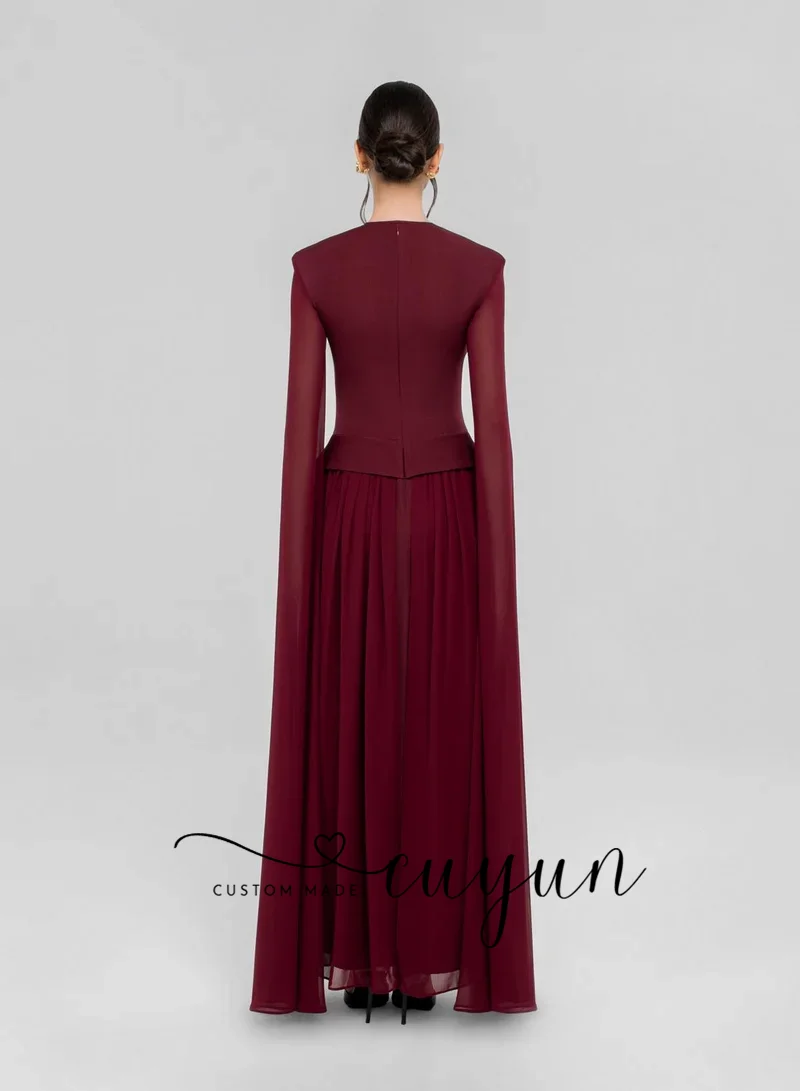CUYUN Maßgeschneidertes Damen-Abendkleid mit Cape-Ärmeln, Chiffon und Jersey-Abschlussballkleid, formelles Dinner-Partykleid, elegante burgunderrote Kleider