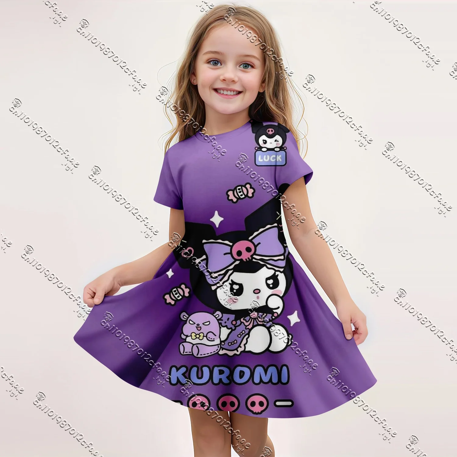 

2025 Miniso, новое летнее детское платье Kulomi с короткими рукавами для девочек, модная тканевая одежда с милым узором, повседневная юбка