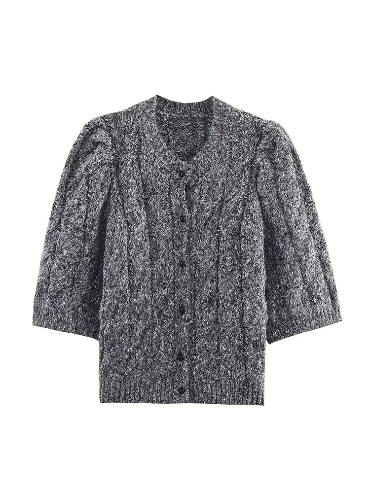 

HH Woman New Winter Fashion Puff Short Sleeves Single Breasted Knitted Jacket Female Casual Street Style Sweater Overcoat