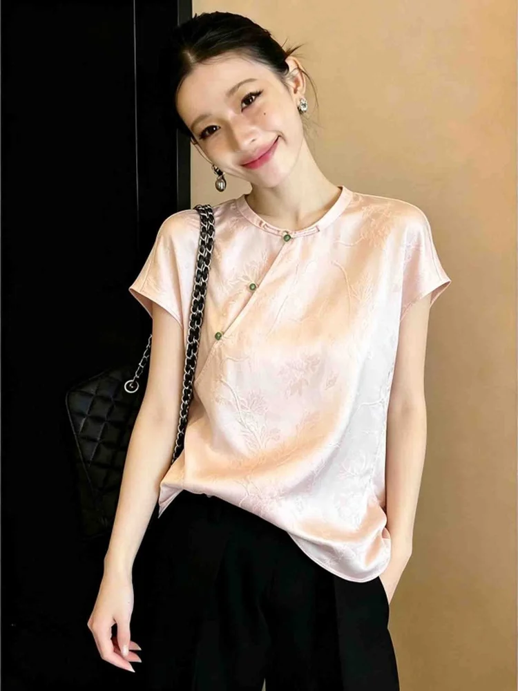Younger Version Summer Thin Short Sleeve round Neck Satin Fabric Embroidered Shirt Women's Fashionable Age-Defying Top