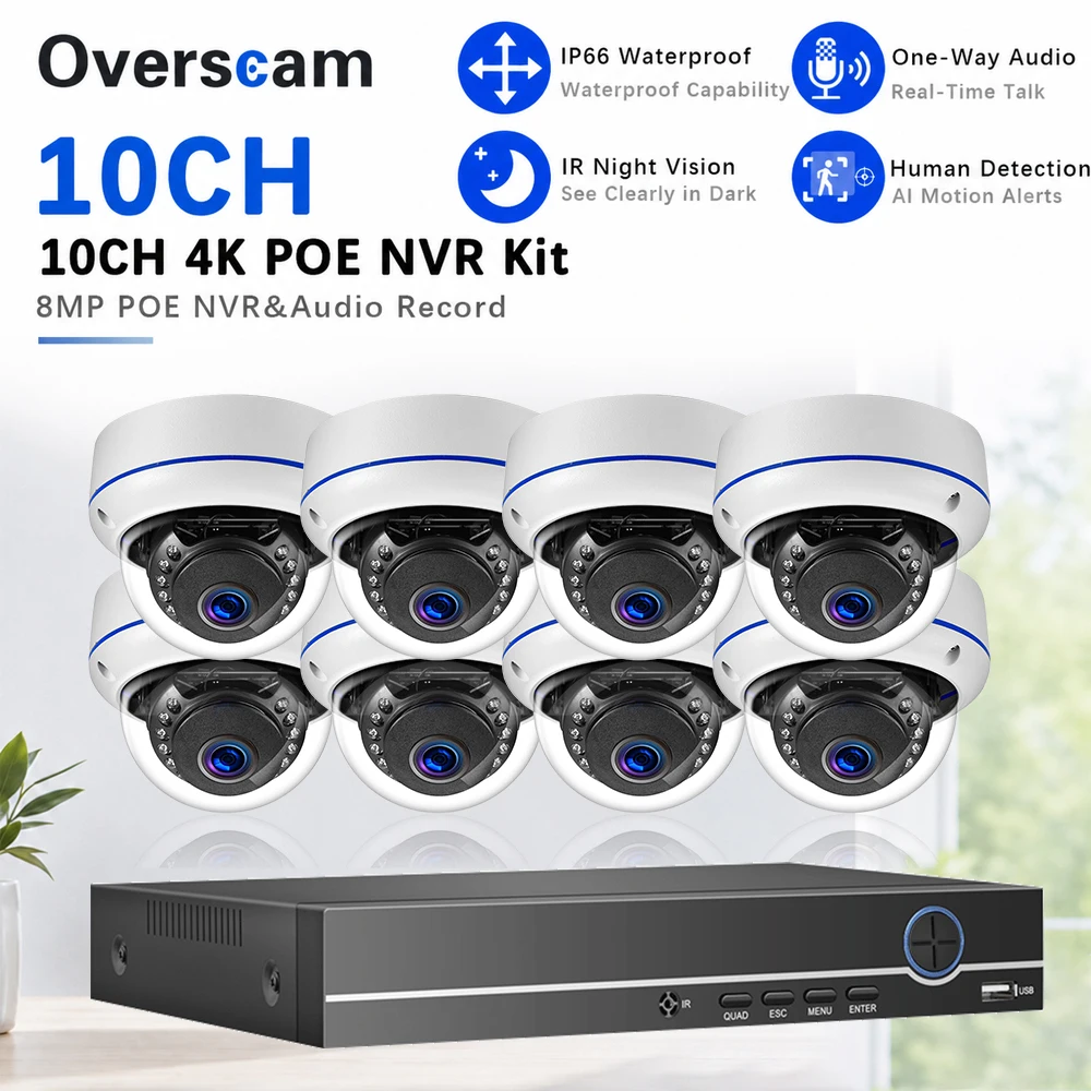 4K 8MP POE CCTV Camera Kit Dome Audio Cameras10CH NVR Human Detection Infrared Night Vision Audio Record IP66 Surveillance Set