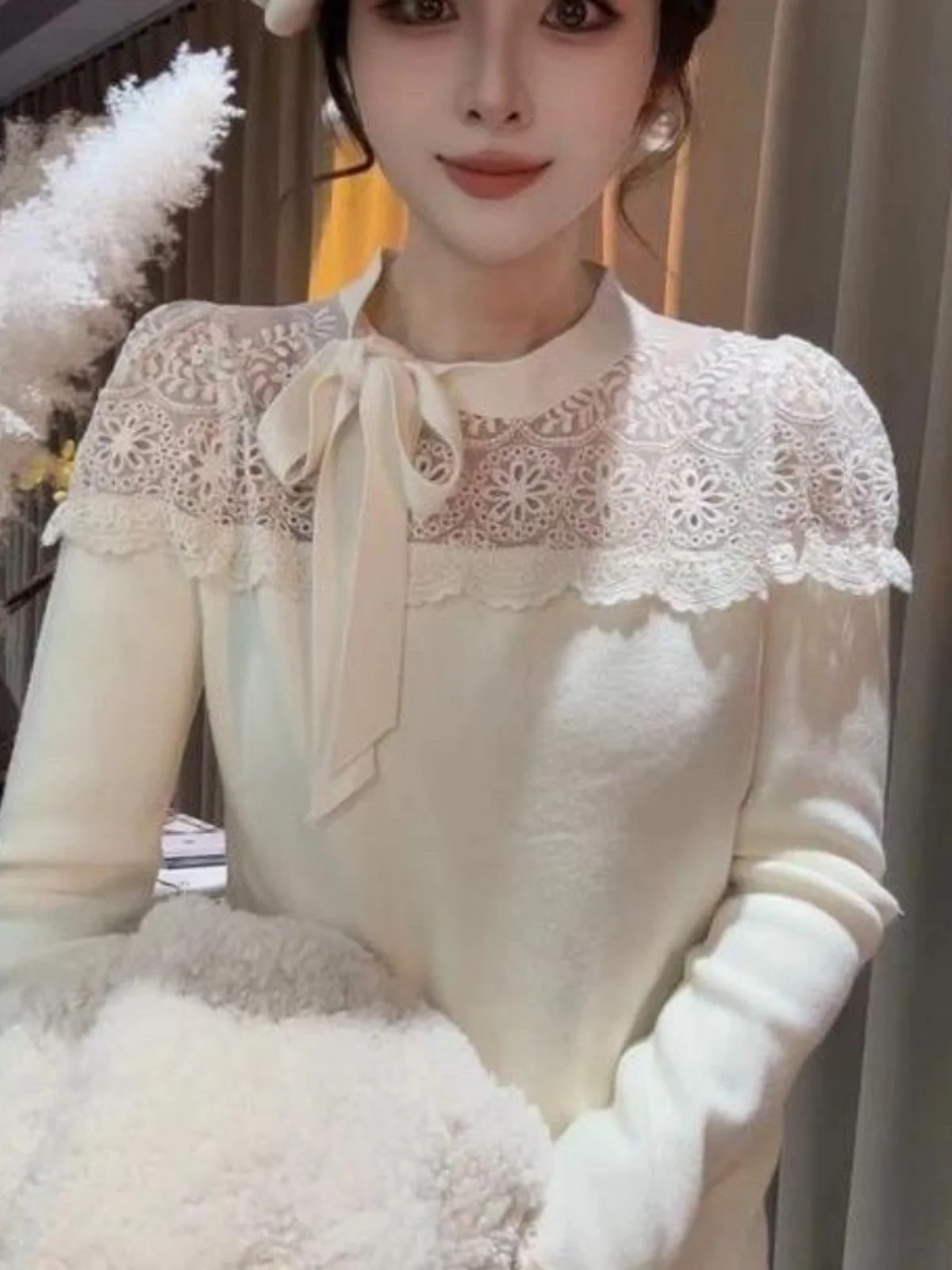 Slim Fit Long Sve Lace T-irt Women's Base Layer Top Design Sense Patchwork Autumn New Sle Small ence irt