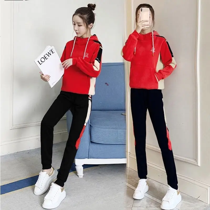 Casual Sportswear Suit Women\'s Autumn and Winter 2022 New Korean Fashion Hooded Westernized Thickened Top Two-piece Set