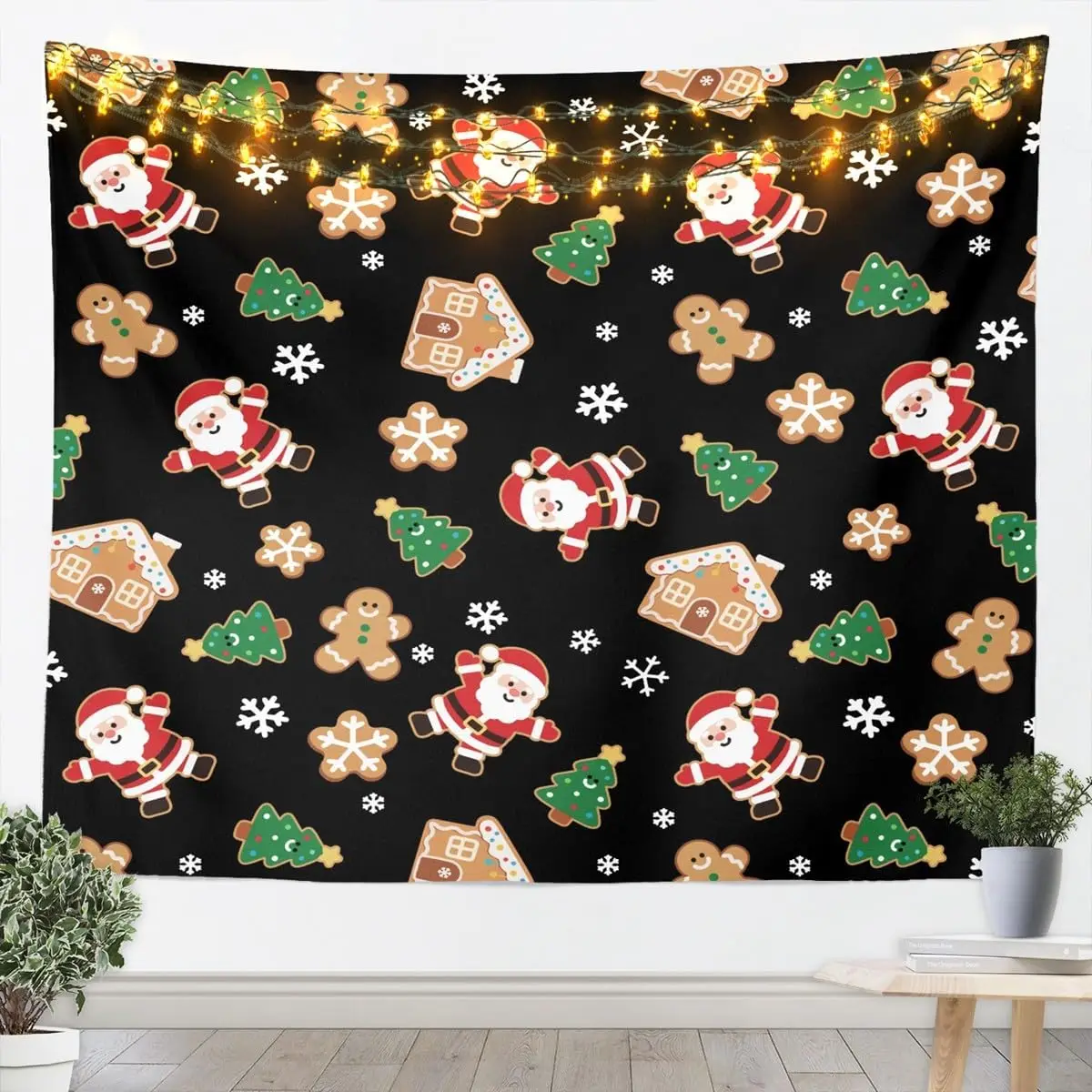 Merry Christmas Tapestry Santa Claus Wall Art Gingerbread Man Wall Hanging Blanket for Living Room Bedroom Xmas Tree Home Decor