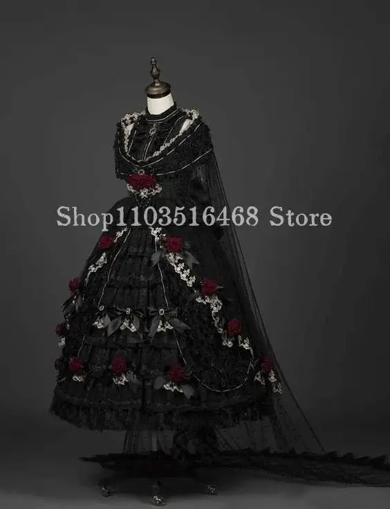 Vintage Victorian Prom Dress Black Gothic Fantasy Lolita Pleated Floral Embroidered A-line Poncho Lace Applique Formal Occasion