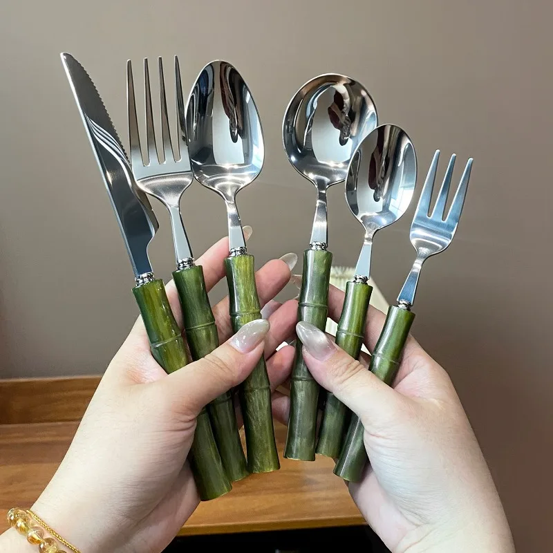 304 Stainless Steel Luxury Retro Pearlescent Bamboo Handle Cutlery Set High Aesthetic Western Dinner Fork Spoon Tableware Kit