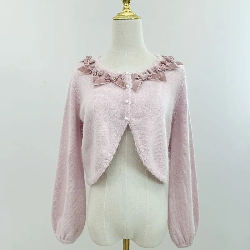 

Lolita Style Cute Short Cardigan Spicy Girls Solid Casual Long Sleeve Knitted Sweater Chic Aesthetic Y2k Kawaii Sweet Tops Woman
