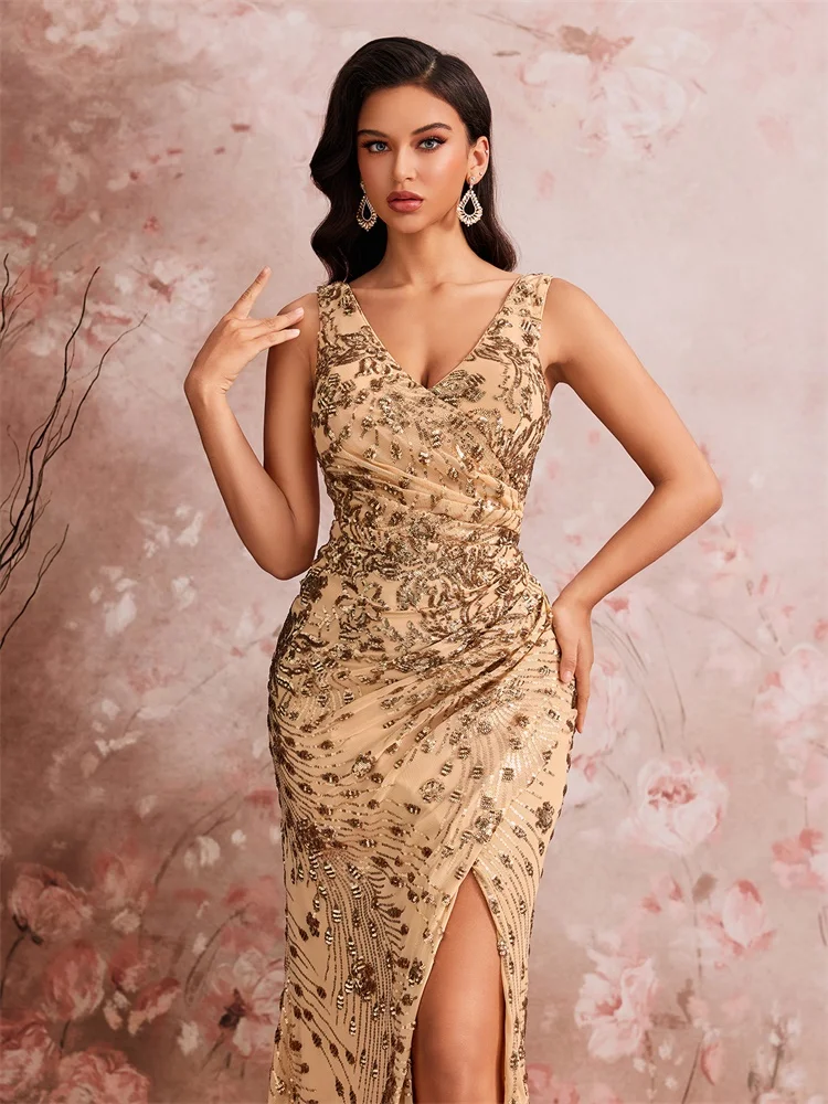 Lucyinlove Elegant Slit Evening Dress 2025 Women Long Mermaid Formal Sequrins Sexy V-neck Caicktail Wedding Party Prom Dresses